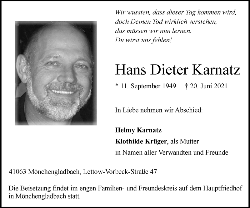  Traueranzeige für Hans Dieter Karnatz vom 26.06.2021 aus Rheinische Post