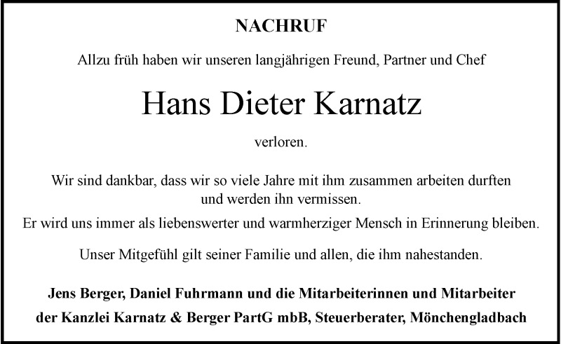  Traueranzeige für Hans Dieter Karnatz vom 30.06.2021 aus Rheinische Post