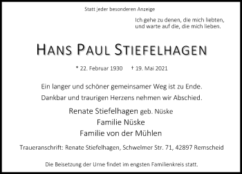 Traueranzeige von Hans Paul Stiefelhagen von Rheinische Post