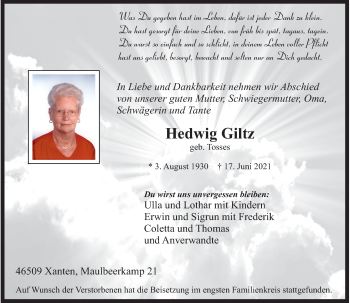 Traueranzeige von Hedwig Giltz von Rheinische Post