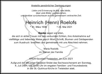 Traueranzeige von Heinrich Roelofs von Rheinische Post