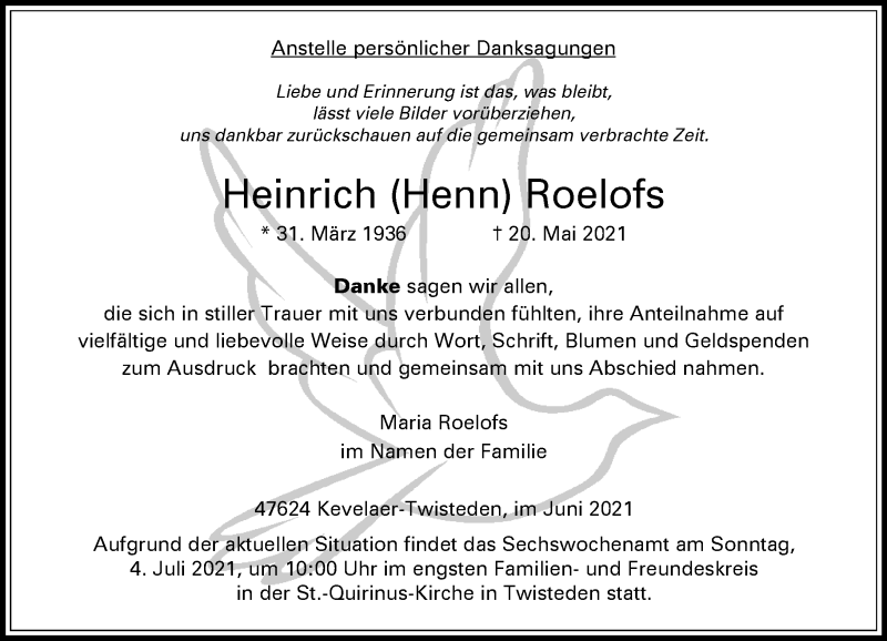 Traueranzeige für Heinrich Roelofs vom 26.06.2021 aus Rheinische Post