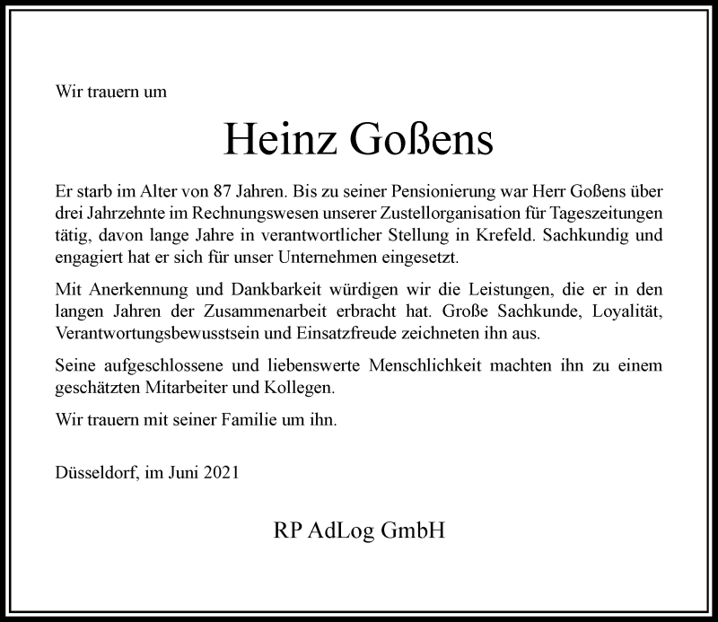  Traueranzeige für Heinz Goßens vom 12.06.2021 aus Rheinische Post