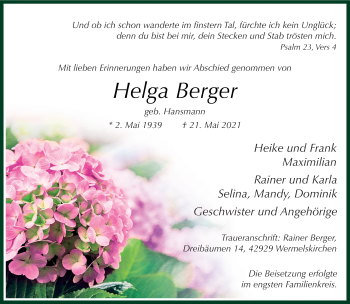 Traueranzeige von Helga Berger von Rheinische Post