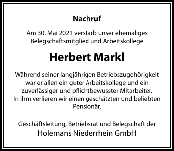Traueranzeige von Herbert Markl von Rheinische Post