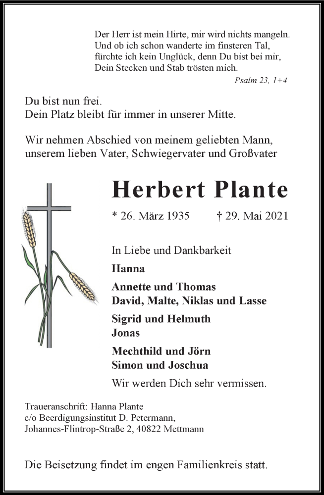  Traueranzeige für Herbert Plante vom 05.06.2021 aus Rheinische Post