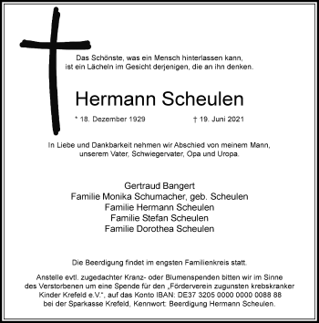 Traueranzeige von Hermann Scheulen von Rheinische Post