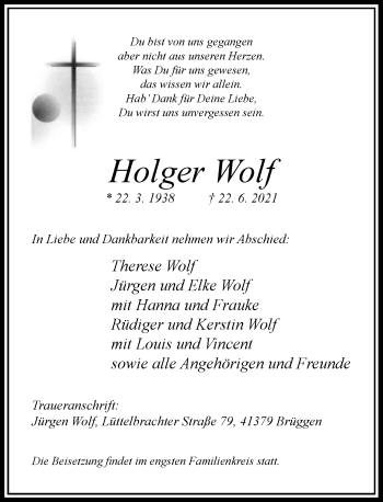 Traueranzeige von Holger Wolf von Rheinische Post