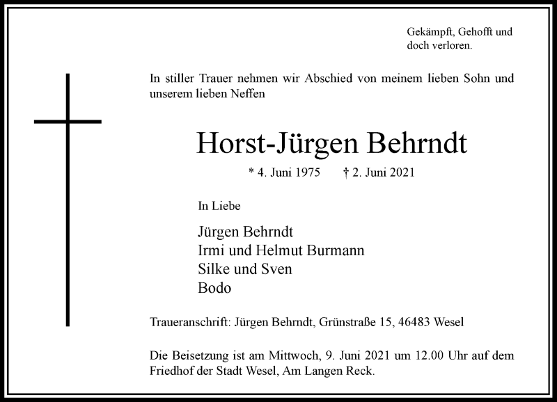  Traueranzeige für Horst-Jürgen Behrndt vom 05.06.2021 aus Rheinische Post