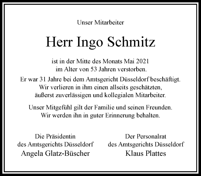  Traueranzeige für Ingo Schmitz vom 05.06.2021 aus Rheinische Post