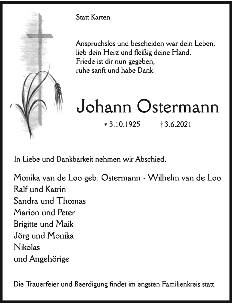  Traueranzeige für Johann Ostermann vom 11.06.2021 aus Rheinische Post