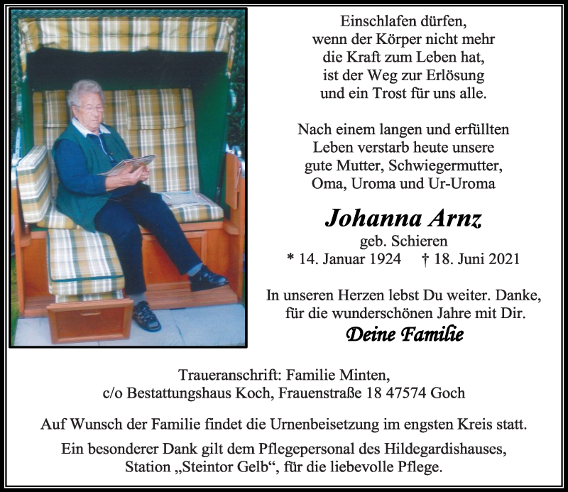  Traueranzeige für Johanna Arnz vom 26.06.2021 aus Rheinische Post