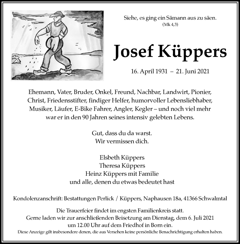  Traueranzeige für Josef Küppers vom 26.06.2021 aus Rheinische Post