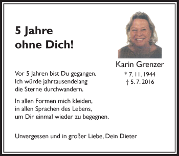 Traueranzeige von Karin Grenzer von Rheinische Post