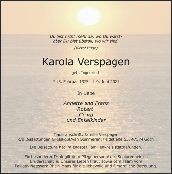 Traueranzeige von Karola Verspagen von Rheinische Post