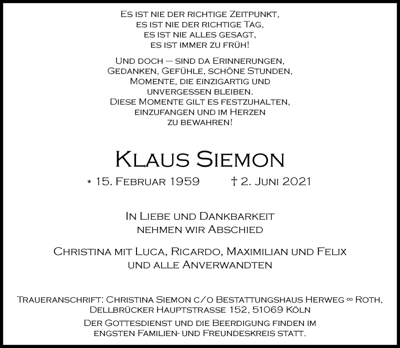  Traueranzeige für Klaus Siemon vom 12.06.2021 aus Rheinische Post
