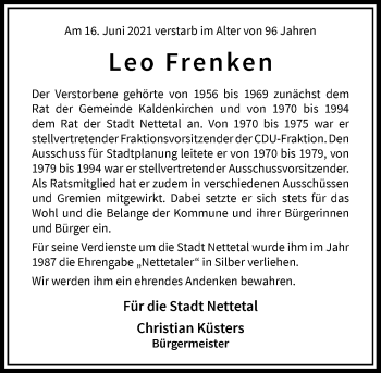 Traueranzeige von Leo Frenken von Rheinische Post