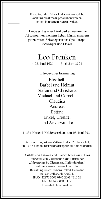 Traueranzeige von Leo Frenken von Rheinische Post