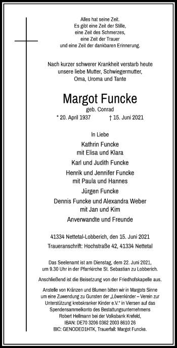Traueranzeige von Margot Funcke von Rheinische Post