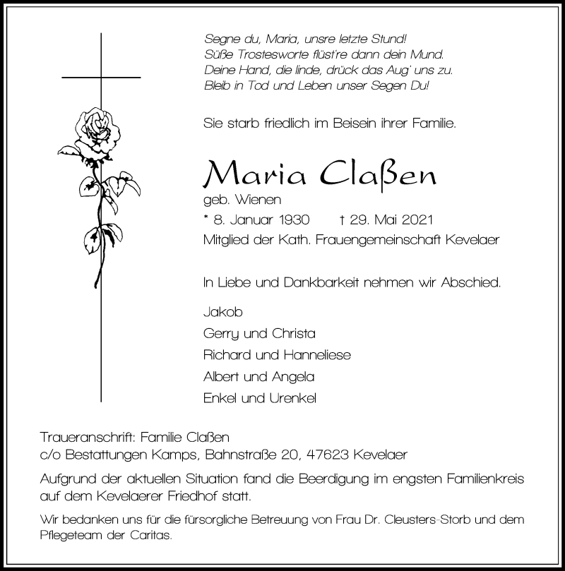  Traueranzeige für Maria Claßen vom 05.06.2021 aus Rheinische Post