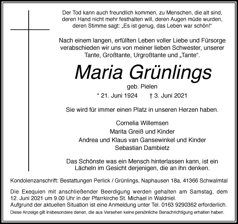  Traueranzeige für Maria Grünlings vom 09.06.2021 aus Rheinische Post