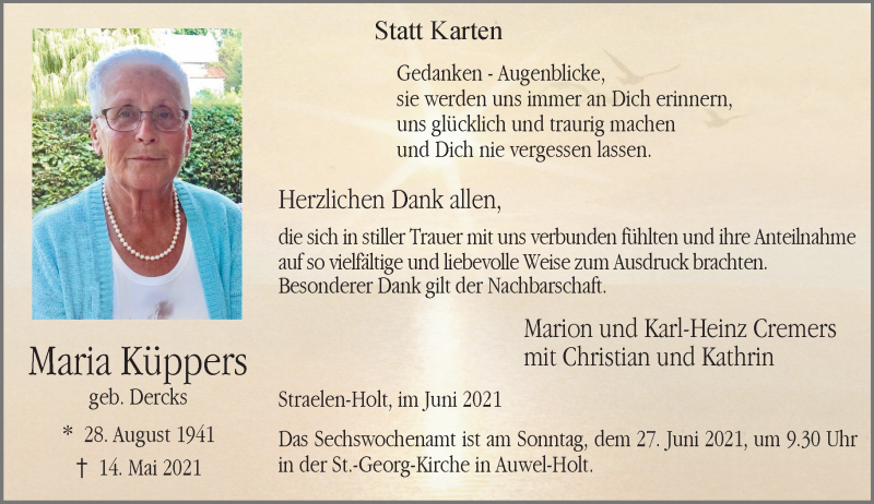  Traueranzeige für Maria Küppers vom 19.06.2021 aus Rheinische Post