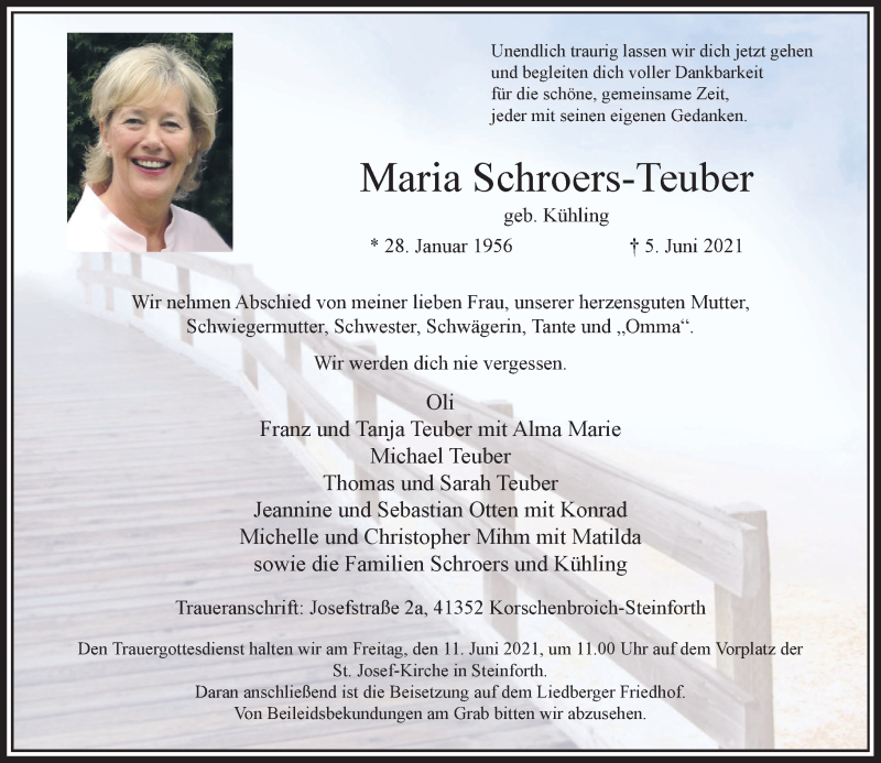  Traueranzeige für Maria Schroers-Teuber vom 09.06.2021 aus Rheinische Post