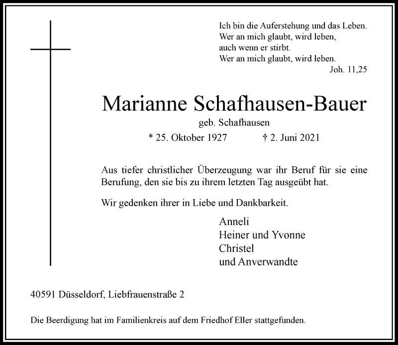  Traueranzeige für Marianne Schafhausen-Bauer vom 12.06.2021 aus Rheinische Post