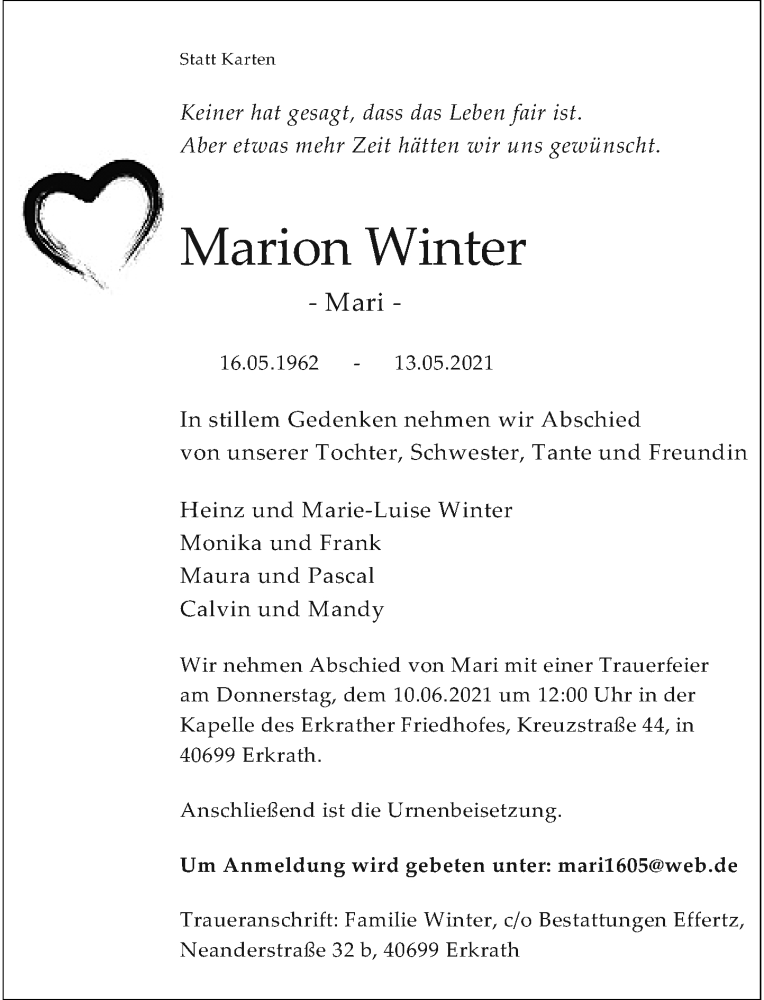  Traueranzeige für Marion Winter vom 05.06.2021 aus Rheinische Post