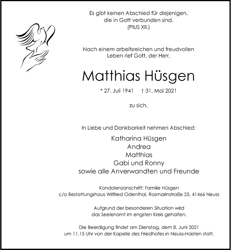  Traueranzeige für Matthias Hüsgen vom 05.06.2021 aus Rheinische Post