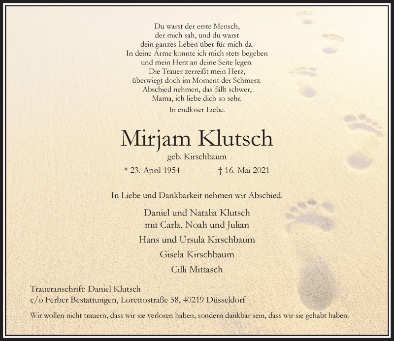  Traueranzeige für Mirjam Klutsch vom 12.06.2021 aus Rheinische Post