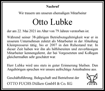 Traueranzeige von Otto Lubke von Rheinische Post
