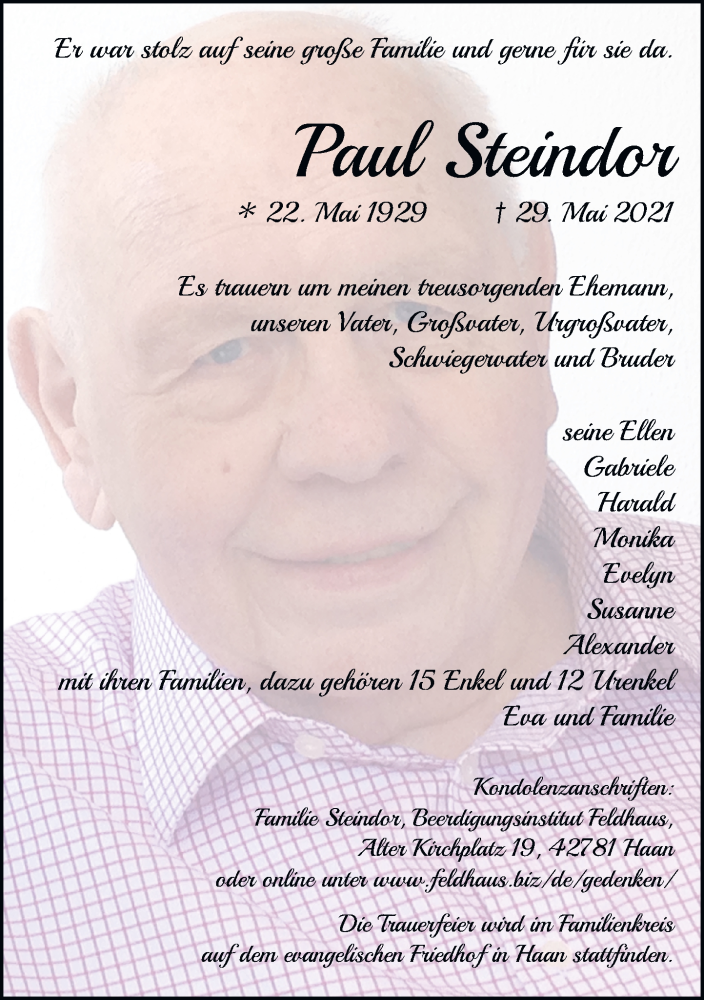  Traueranzeige für Paul Steindor vom 09.06.2021 aus Rheinische Post