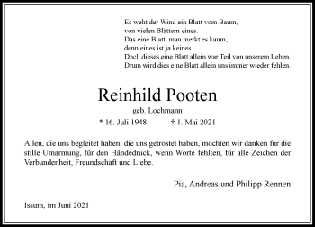Traueranzeige von Reinhild Pooten von Rheinische Post