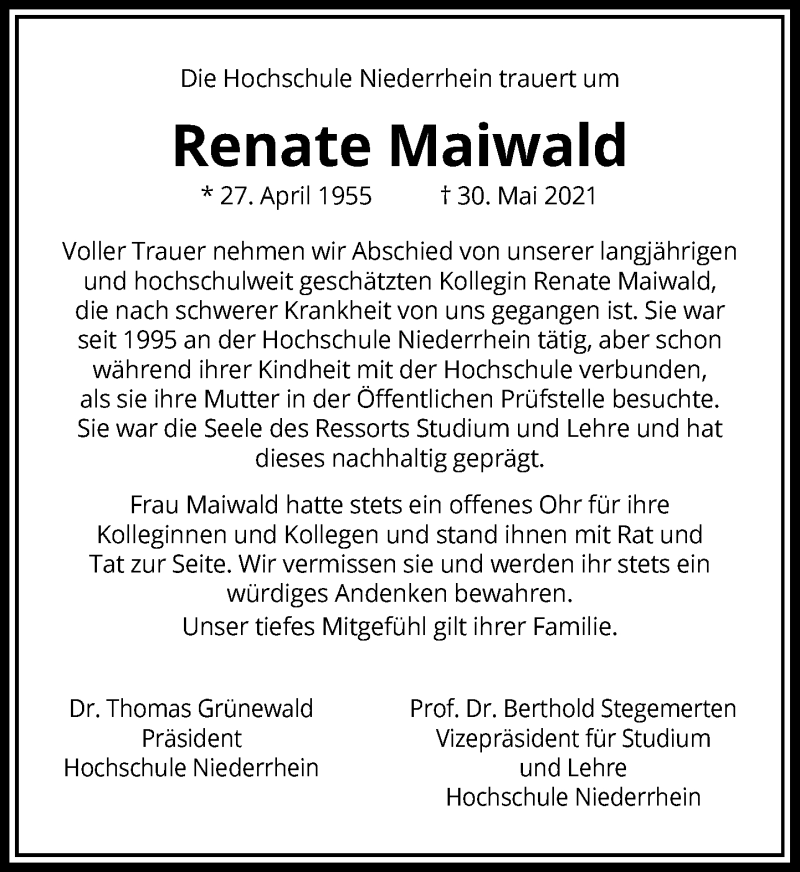  Traueranzeige für Renate Maiwald vom 05.06.2021 aus Rheinische Post
