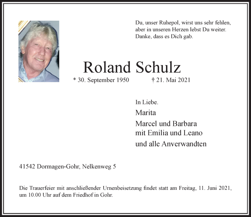  Traueranzeige für Roland Schulz vom 05.06.2021 aus Rheinische Post