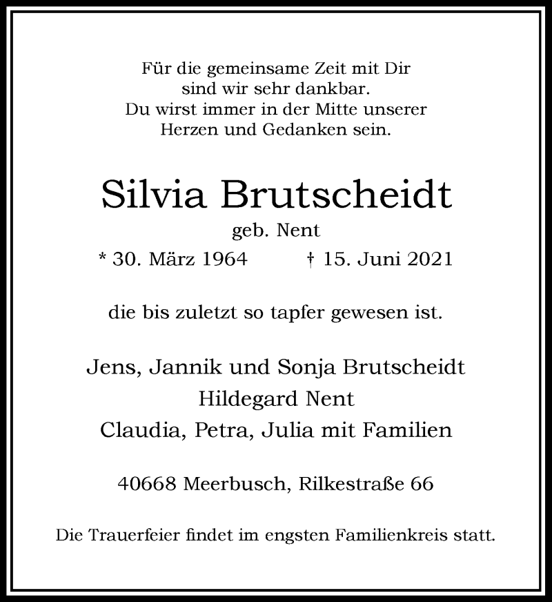  Traueranzeige für Silvia Brutscheidt vom 19.06.2021 aus Rheinische Post