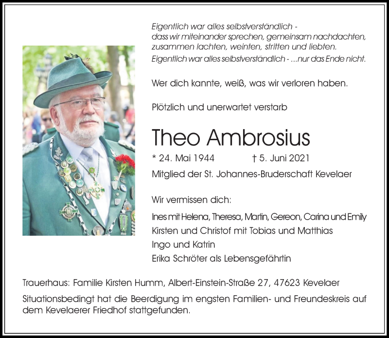  Traueranzeige für Theo Ambrosius vom 12.06.2021 aus Rheinische Post