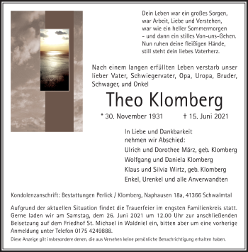 Traueranzeige von Theo Klomberg von Rheinische Post