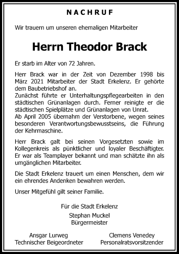 Traueranzeige von Theodor Brack von Rheinische Post