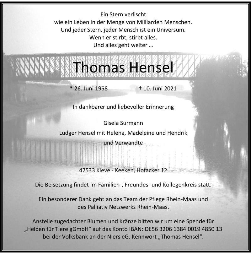  Traueranzeige für Thomas Hensel vom 19.06.2021 aus Rheinische Post