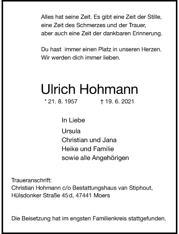 Traueranzeige von Ulrich Hohmann von Rheinische Post