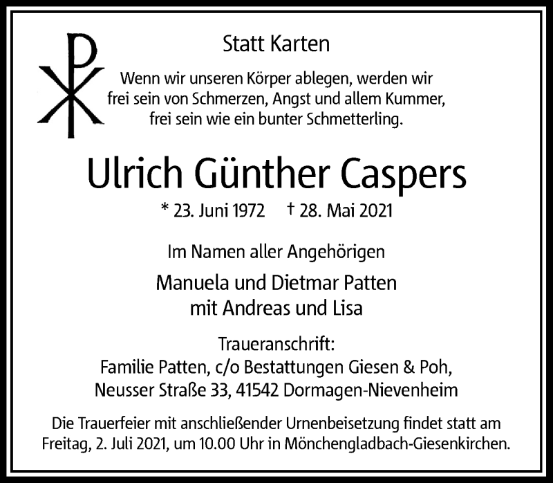  Traueranzeige für Ulrich Günther Caspers vom 26.06.2021 aus Rheinische Post