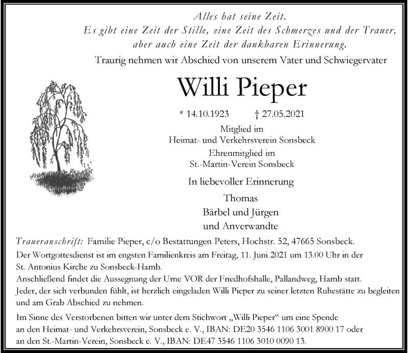  Traueranzeige für Willi Pieper vom 05.06.2021 aus Rheinische Post