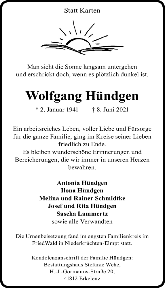  Traueranzeige für Wolfgang Hündgen vom 26.06.2021 aus Rheinische Post