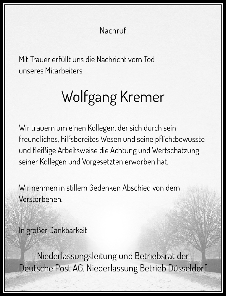  Traueranzeige für Wolfgang Kremer vom 19.06.2021 aus Rheinische Post