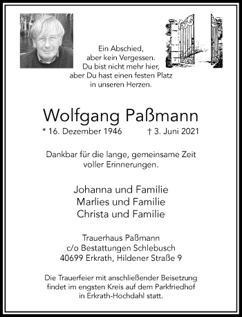 Traueranzeige von Wolfgang Paßmann von Rheinische Post