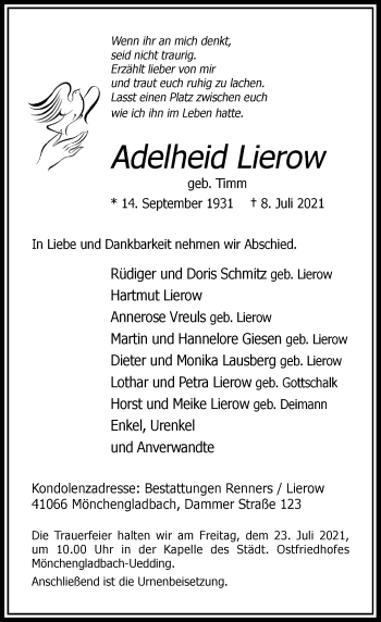 Traueranzeige von Adelheid Lierow von Rheinische Post