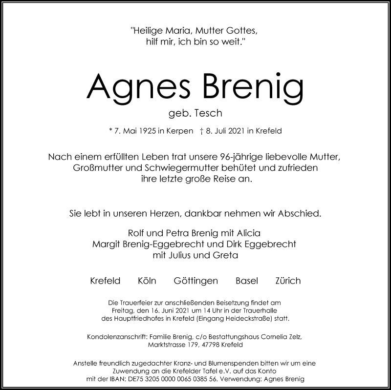  Traueranzeige für Agnes Brenig vom 14.07.2021 aus Rheinische Post
