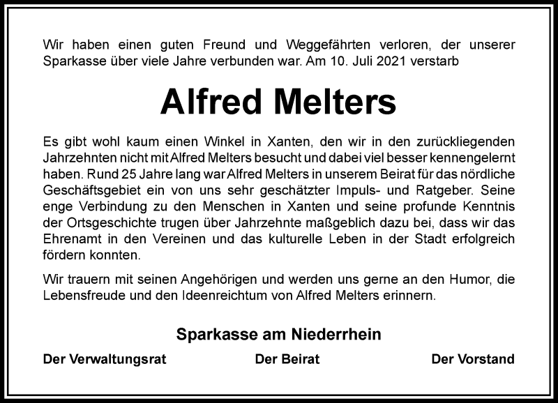  Traueranzeige für Alfred Melters vom 14.07.2021 aus Rheinische Post